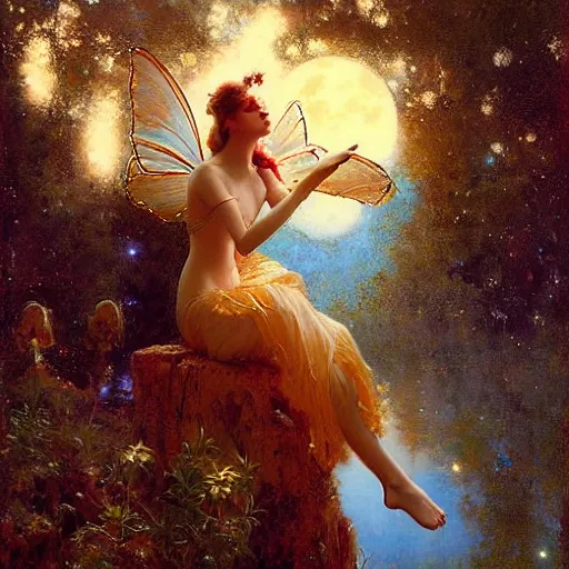 Image similar to attractive fairy magically floating high in the night, fantasy, full moon in background. highly detailed painting by gaston bussiere, craig mullins, j. c. leyendecker, mid shot, 8 k