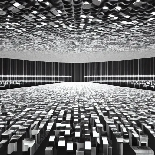 Image similar to defragmentation, in the style of hiroya oku and ryoji ikeda and stanley kubrick, black and white, photorealistic, epic, super technical, 3 d render