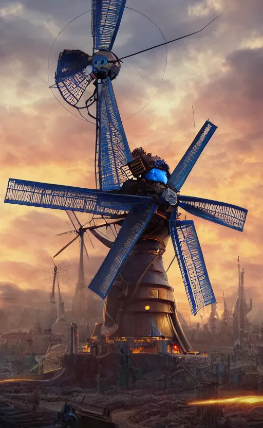 Image similar to a steampunk windmill spinning fast, robot, blue fire, ash, electricity lightning, soft, concept art, sharp focus, intricate details, highly detailed, photorealistic, disney pixar, octane render, iridescent, anime, 8 k