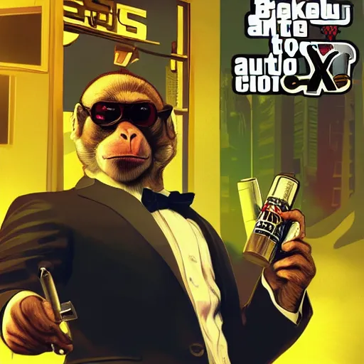 Prompt: monkey in a suit smoking weed in GTAV, cover art by Stephen Bliss, boxart, loading screen