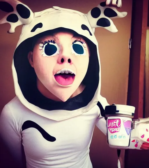 Prompt: A photo of a girl cosplaying as a cow terrified of bottled milk, extremely detailed