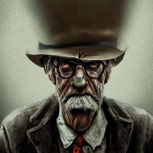 Image similar to grim, hyperrealistic portrait of where's waldo as a tired and grizzled old man on the run, looking for one last big score before he calls it quits. haunting, realistic digital painting with dark, dramatic lighting and severe grittiness.