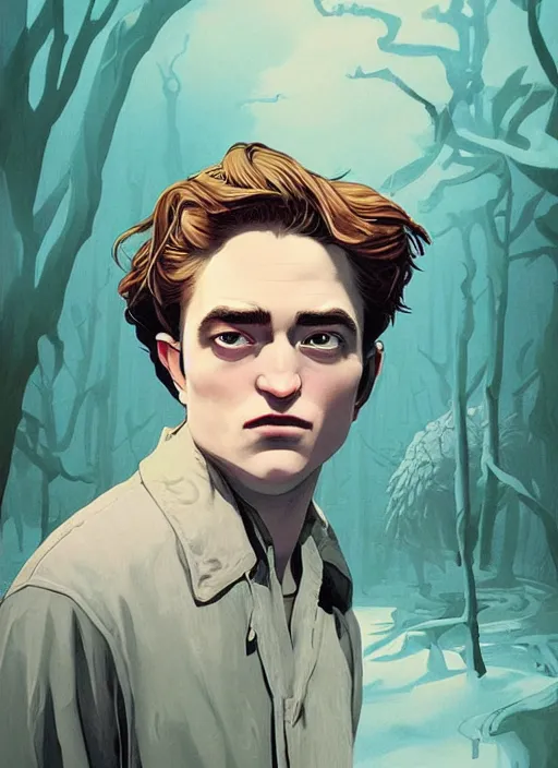 Image similar to poster artwork by Michael Whelan and Tomer Hanuka, Karol Bak, of the young researcher Robert Pattinson from scene from Twin Peaks, clean