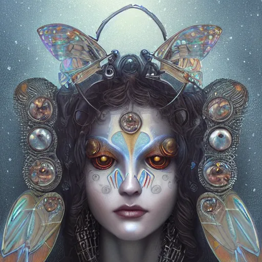 Image similar to realistic illustration of a beautiful rusted mechanical faerie queen with glowing eyes, moth wings with geometric patterns, reflective detailed textures, highly detailed dark fantasy science fiction painting by tom bagshaw and diego rivera, silver and cool colors, artstation