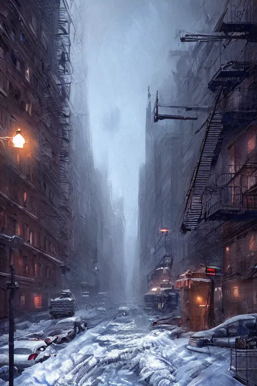 Image similar to Street in post apocalyptic Manhattan new york after a Blizzard, snow Storm, dramatic lighting, cinematic, establishing shot, extremly high detail, photo realistic, cinematic lighting, post processed, concept art, artstation, matte painting, style by eddie mendoza, raphael lacoste, alex ross