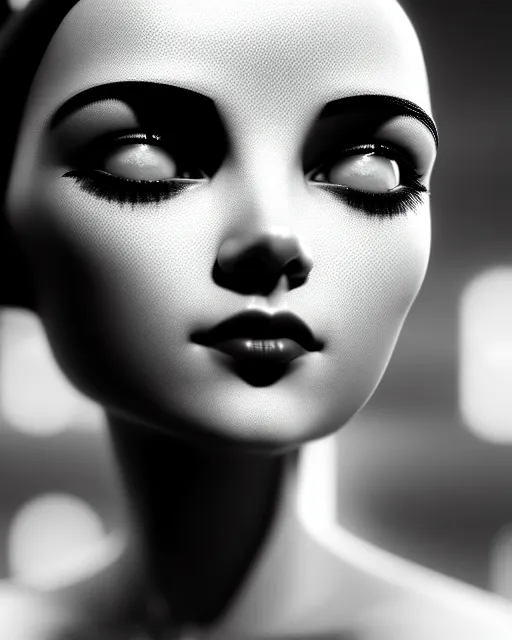 Image similar to black and white dreamy young beautiful female artificial intelligence, metropolis, cinematic, rim light, bokeh, photo - realistic, elegant, high detail, 8 k, masterpiece, photo taken in 1 9 3 0