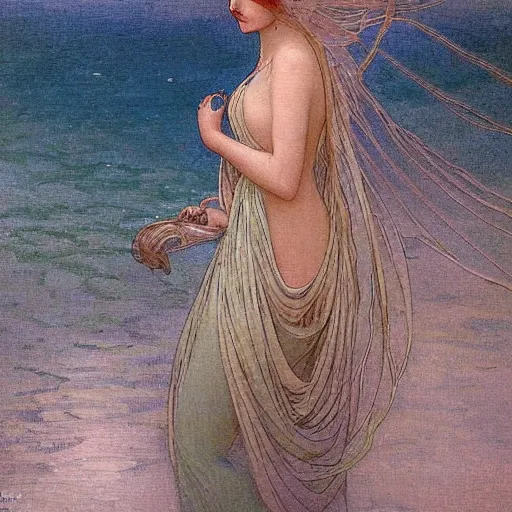 Image similar to magical water spirit woman looking towards the sea, dreamy atmosphere, mucha, gurney