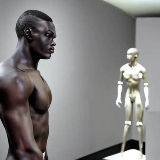 Image similar to a realistic detailed photo of a guy who is an attractive humanoid who is half robot and half humanoid, who is a male android, boxer and youtuber ksi, shiny skin, posing like a statue, blank stare, at the museum, on display