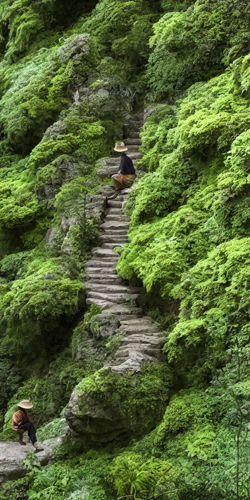 Prompt: canyon in oregon, old man on stone stairway in between highrise flats, overgrown lush plants, atmospheric, cinematic, beautiful low light by studio ghibli octane render 8k