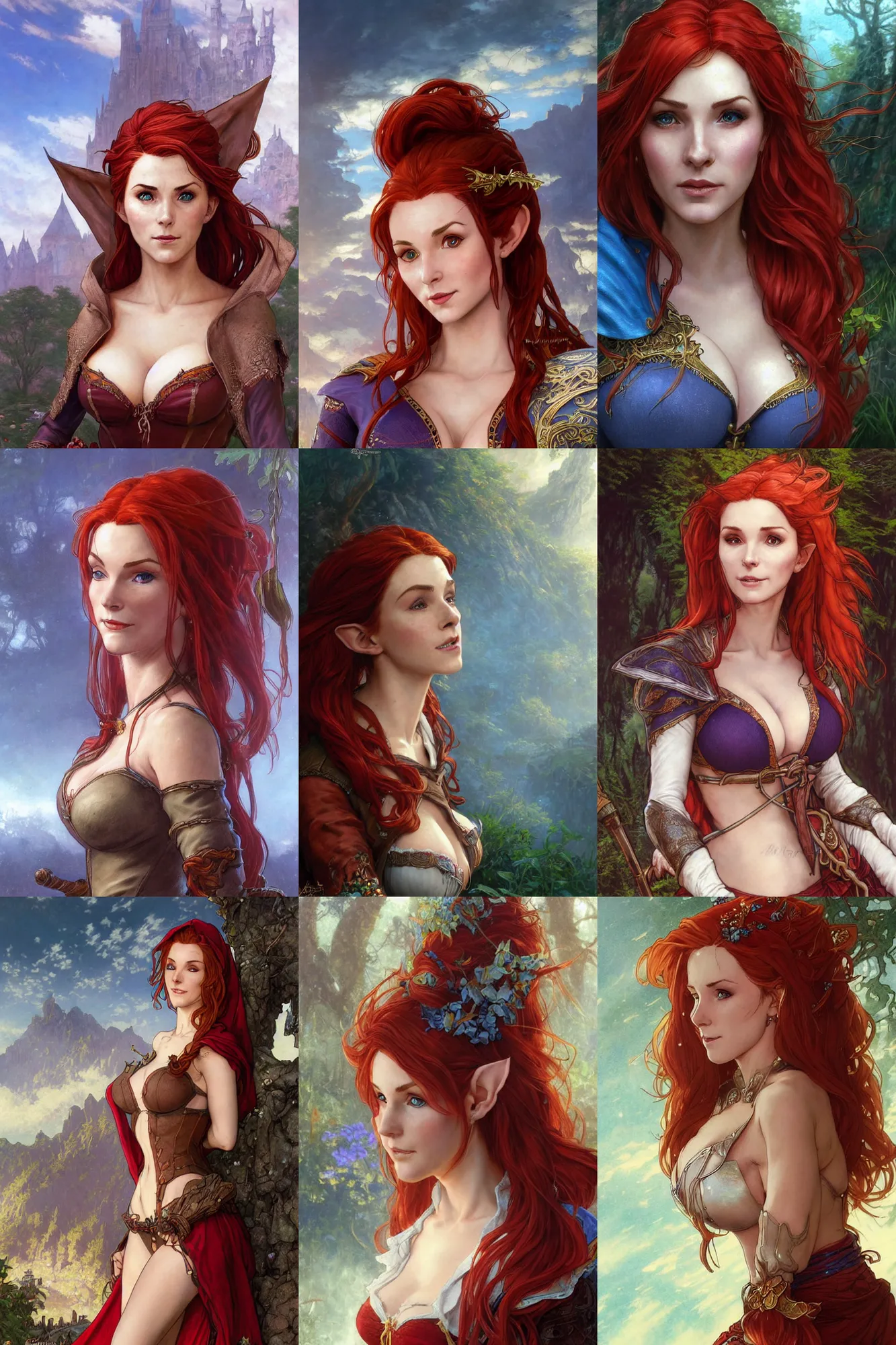 Prompt: alluring highly detailed closeup matte painting portrait of beautiful elf ( triss from witcher 3 ) flowing red hair wearing chesty adventurer's outfit and a large blue cloak with the hood off, very detailed, realistic, manga, by stanley artgerm lau, greg rutkowski, thomas kindkade, alphonse mucha, loish, norman rockwell j., violet evergarden anime