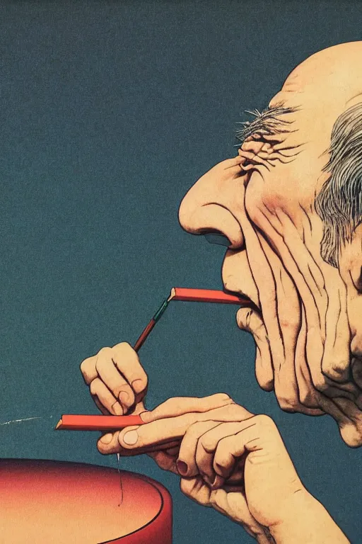 Prompt: a closeup portrait of an old man sucking a blotter paper of LSD acid and dreaming psychedelic hallucinations in thew vast cosmos, by kawase hasui, moebius, Edward Hopper and James Gilleard, Zdzislaw Beksinski, Steven Outram, colorful flat surreal design, hd, 8k, artstation