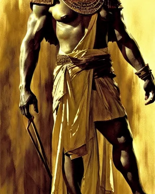 Image similar to concept art by anders zorn and craig mullins depicting djimon hounsou as a tall and very lean temple guard dressed in ancient egyptian decorative armor, flowing robes, harem pants, and leather strapped sandals