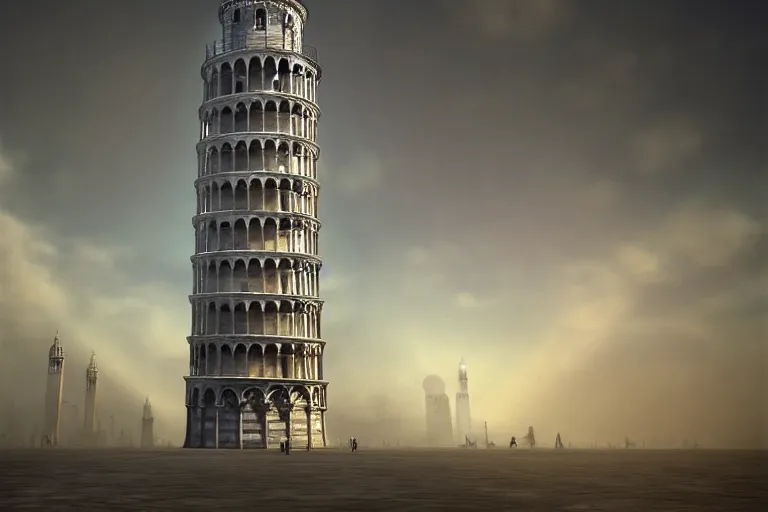 Prompt: the Pisa tower, futuristic, oil painting, unity engine, wide angle, 4k, dramatic light, styled 3d, trending on artstation, high definition, god rays, caustics
