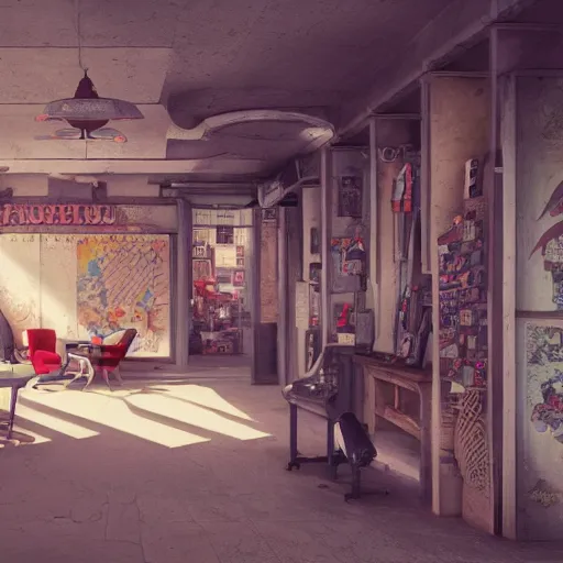Prompt: a wall of retro and vintage items, groovy architecture, highly detailed digital painting, concept art by yongfei liu, alben tan, vance kocas, octane rendered, low angle, god rays, cg society, unreal engine