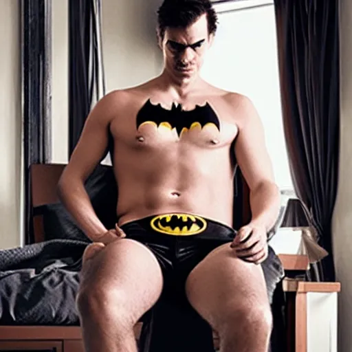 Image similar to photo of batman sitting in his tighty whities and drinking coffee