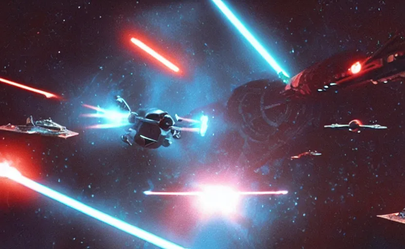 Image similar to iconic cinematic screen shot of scene x wing space battle against new tie fighter desing, from the action packed scene from the 1 9 7 0 s star wars sci fi film by stanley kubrick, glowing lasers, kodak film stock, anamorphic lenses 2 4 mm, lens flare, iconic cinematography, award winning