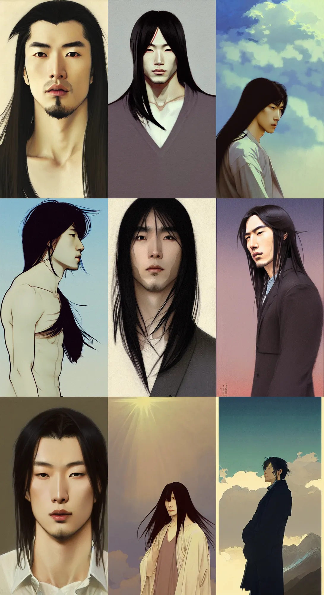 Prompt: Portrait of adult japanese male model with long straight hair wearing minimalist fashion, digital painting, artstation, concept art, sharp focus, illustration, art by greg rutkowski and alphonse mucha official art, award-winning, dynamic pose, above view, sunny day, thunder clouds in the sky, artwork by Jeremy Lipkin and Giuseppe Dangelico Pino and Michael Garmash and Rob Rey, very coherent asymmetrical artwork, sharp edges, perfect face, simple form, 100mm