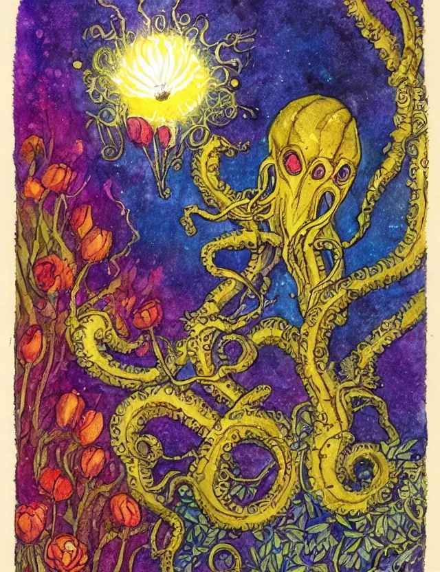 Prompt: lovecraftian god of light and flowers. this watercolor and goldleaf work by the beloved children's book illustrator has interesting color contrasts, plenty of details and impeccable lighting.