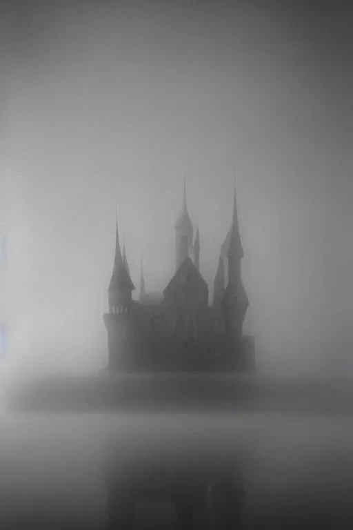 Prompt: long exposure photo of a fantasy castle in the fog, by Frank Zappa, Gottfried Helnwein, Isaac Levitan