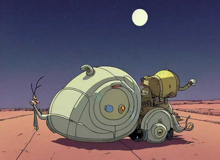 Image similar to a cell shaded cartoon of a lovecraftian mechanized snail from howl's moving castle ( 2 0 0 4 ), on a desert road, in front of a pale full moon, full body, wide shot, very dull muted colors, studio ghibli, laurie greasley, highly detailed, deviantart, art by artgem