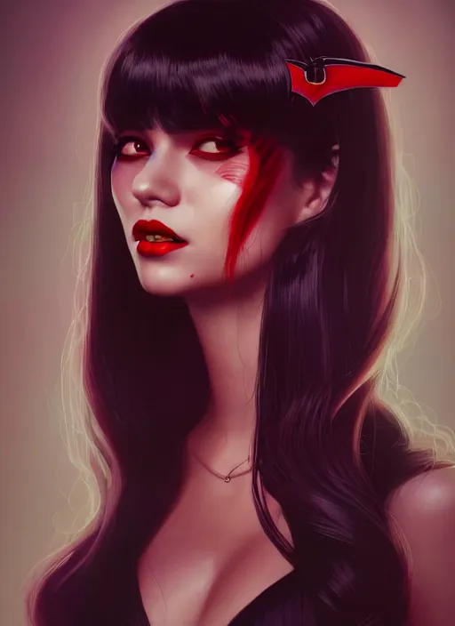 Image similar to portrait of vampire veronica lodge with bangs, vampire fangs, vampire, long hair, red clothes, bangs, vampironica, intricate, elegant, glowing lights, highly detailed, digital painting, artstation, concept art, smooth, sharp focus, illustration, art by wlop, mars ravelo and greg rutkowski