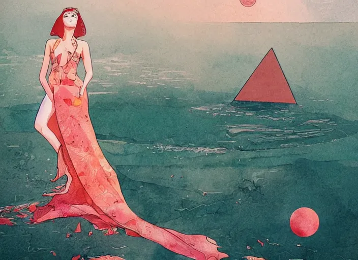 Prompt: lee jin - eun in luxurious dress emerging from turquoise water in egyptian pyramid city during an eclipse by conrad roset, m. k. kaluta, martine johanna, rule of thirds, elegant look, beautiful, chic