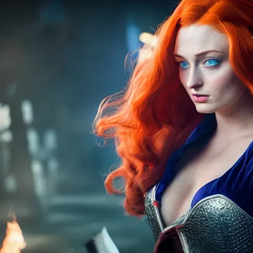 Image similar to Sophie turner as Miss Fortune in League of Legends, 4K, cinema, imax, hyperreal, full body shot, perfectly perfect details