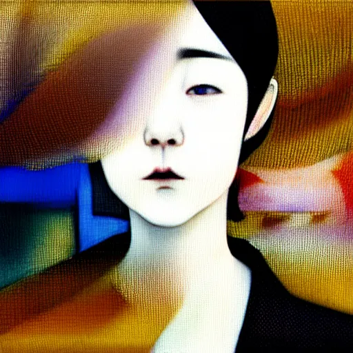 Image similar to yoshitaka amano blurred and dreamy realistic three quarter angle portrait of a young woman with short hair and black eyes wearing office suit with tie, junji ito abstract patterns in the background, satoshi kon anime, noisy film grain effect, highly detailed, renaissance oil painting, weird portrait angle, blurred lost edges