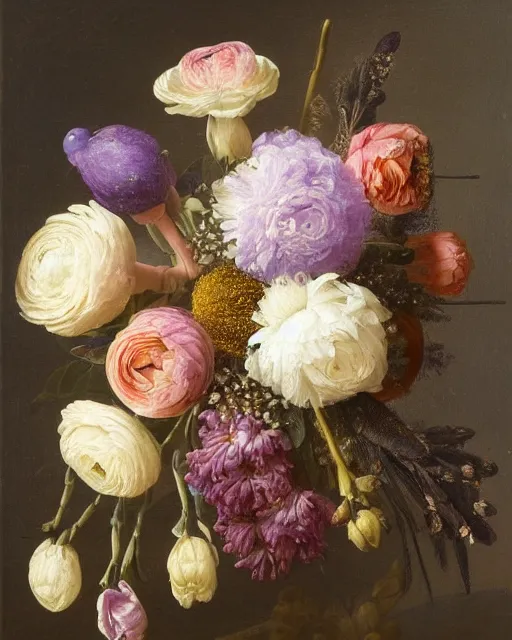 Image similar to still - life of bouquet of lilac and ranunculus with honeycomb bees and birds feathers, rachel ruysch, dark, moody