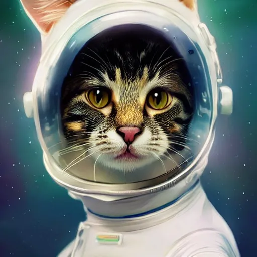 Image similar to head and shoulders masterpiece portrait of a cute adorable cat wearing a spacesuit, surreal background, digital art by krenz cushart, trending on artstation, cgsociety,