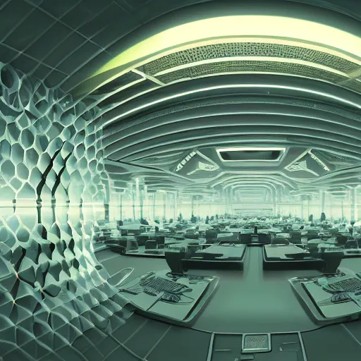 Prompt: detailed sci - fi art, artstation style, honeycomb halls, interior, futuristic government chambers, very large hall with many cubicles of desks and chairs arranged in circles, many computer screens, soft lamp illumination and multiple doorways, synthwave, futuristic utopian architecture