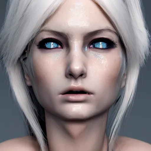 Image similar to 3 d render, hyper detailed, realistic female face and shoulders as a painted porcelain statue, white hair, fine facial features, white eyes and eyelashes, 8 k, 1 5 0 ml lens, elegant, white background, octane render, volumetric lighting, by carlos ortega elizalde and yomagick and ahmed emad eldin