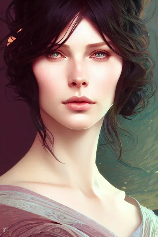 Prompt: a portrait of arwen, fantasy, sharp focus, intricate, elegant, digital painting, artstation, matte, highly detailed, concept art, illustration, ambient lighting, art by ilya kuvshinov, artgerm, alphonse mucha, and greg rutkowski