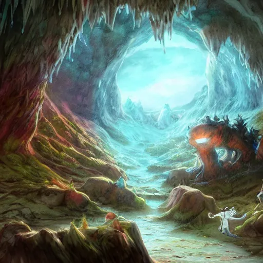 Prompt: caveman rave in a crystal filled cave, deviantart contest winner, fantasy art, concept art, official art, matte drawing