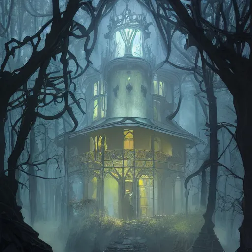 Prompt: a haunted victorian house in a dense dark forest, concept art, by Peter Mohrbacher and Alphonse Mucha, detailed, style, 8k, trending on artstation, unreal engine 4k, detailed, clean background trending, full shot, symmetrical portrait, sophisticated, Unreal engine, dystopia, anti-utopia, post processing, psychadelic