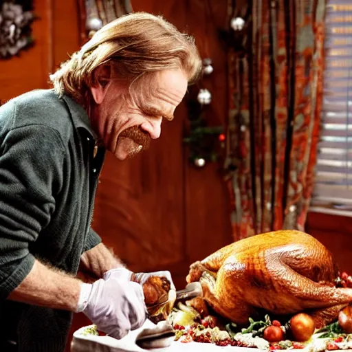 Image similar to William H Macy carving a turkey at Christmas