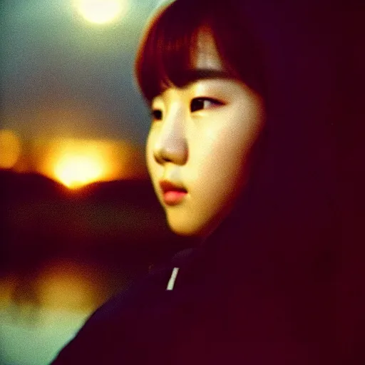 Image similar to photo of bts jimin, facing the camera, kodak ektachrome, portrait, close up, kodak gold 2 0 0, 5 0 mm, fuji 8 0 0, polaroid, night time, bonfire, low light