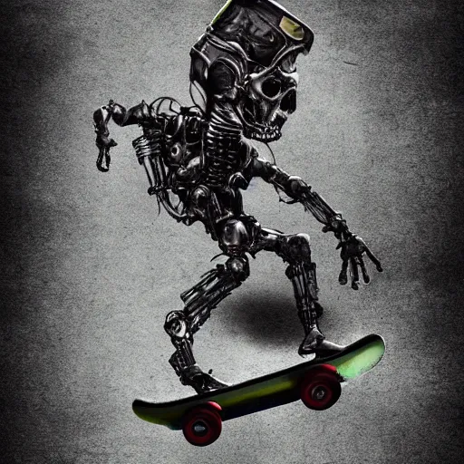 Image similar to creepy terminator smoking a pipe riding a skateboard, digital art, gloomy, action,
