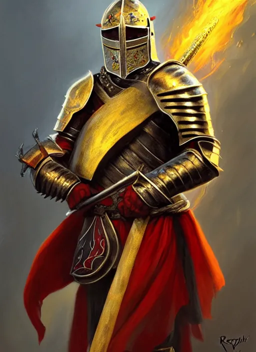 Image similar to a _ fantasy _ style _ portrait _ painting _ of knight with red plume, gold sword and big shield, fire background, firey environment, oil _ painting _ unreal _ 5 _ daz. _ rpg _ portrait _ extremely _ detailed _ artgerm _ greg _ rutkowski _ greg