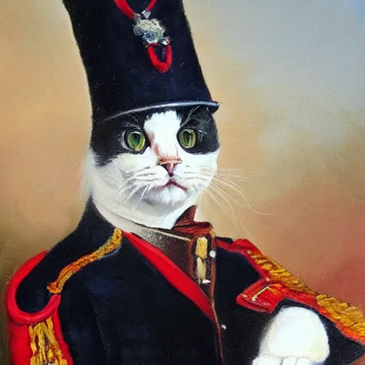 Prompt: a oil painting of a cat dressed as Napoleon