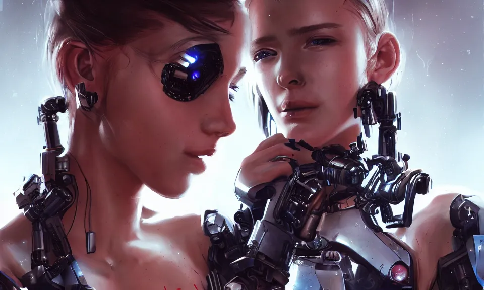 Image similar to a beautiful young girl with a cyborg body Fight with terminator, fine details, cyberpunk, realistic shaded Perfect face ,featured in cinematic, elegant, highly detailed,artstation,illustration, 8k