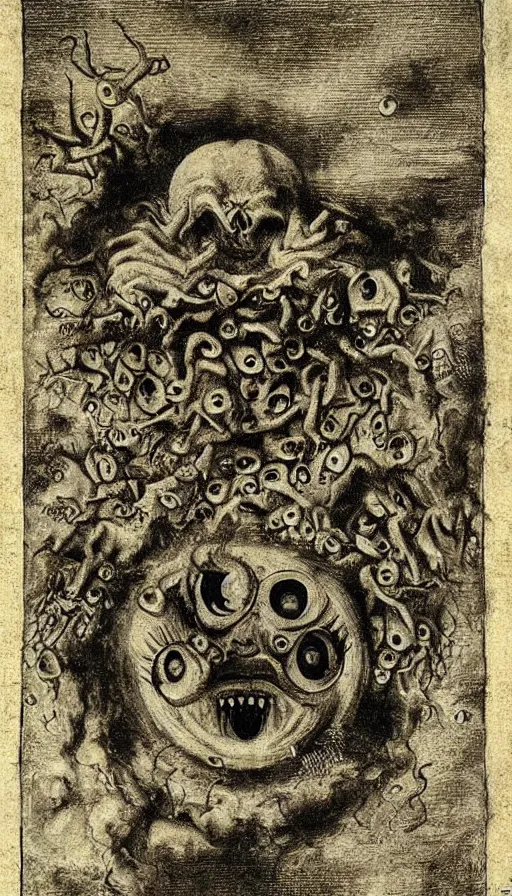 Image similar to a storm vortex made of many demonic eyes and teeth, by leonardo da vinci