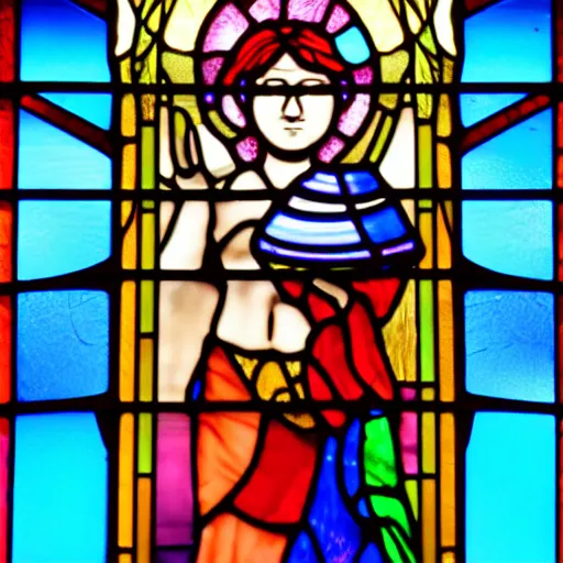 Prompt: a stained glass window portraying the god of cotton candy, colorful