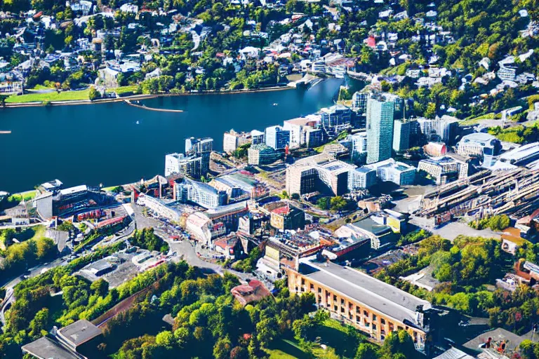 Image similar to bird's eye view photography of a small city. town hall, central farm, monorail station, beach and shipping dock. hills, woods and lake to the north.