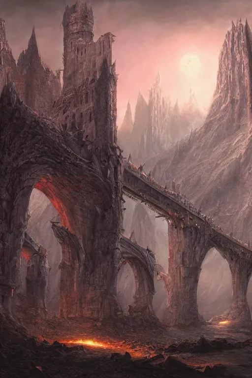 Prompt: Moria The Bridge of Khazad-dûm in the evening, detailed matte painting, cinematic, Alan Lee, Artstation