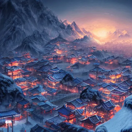 Prompt: chinese village on snowy mountain, a pillar of light from the peak, insanely detailed, cinematic scene, digital art trending on artstation