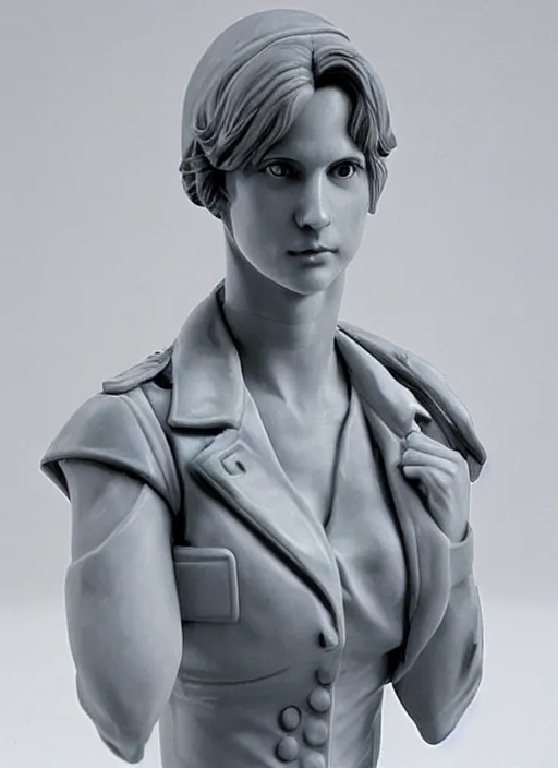 Prompt: an orthographic bust white marble sculpture of jill valentine, by Wes Anderson