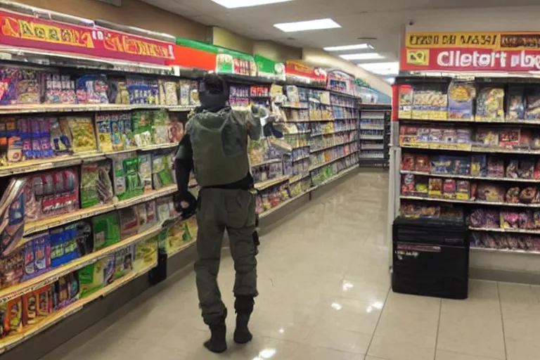 Image similar to solid snake sneaking inside of a 7 - eleven