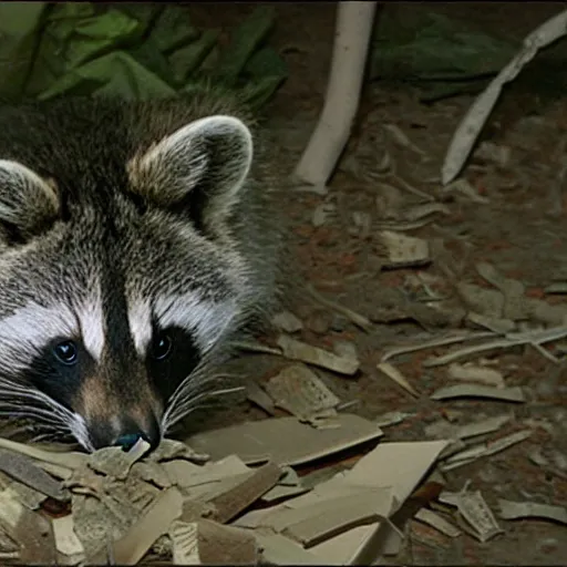 Prompt: green - tinted night vision footage of a family of raccoon digging through a gigantic mound of trash and papers and junk