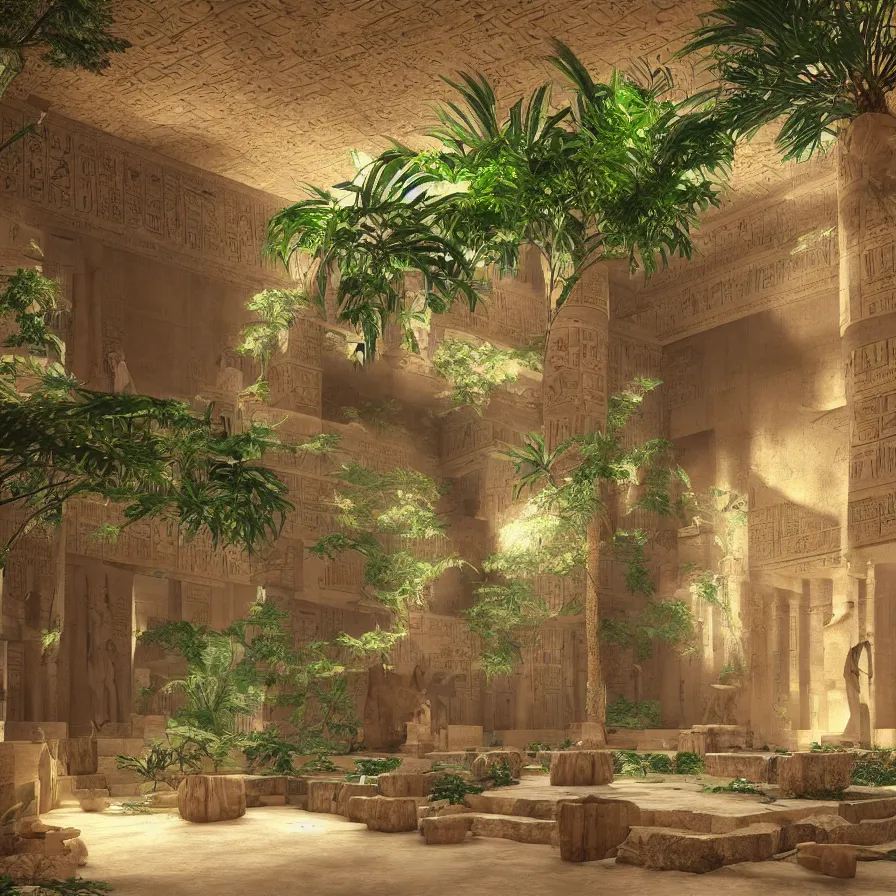 Prompt: interior of a ancient egyptian palace with plants and waterfalls, retrowave art, trending on art station - 1 0